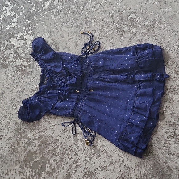 House Of Harlow Revolve Valencia Navy & Gold Dot Flutter Mini Dress SzXS - Picture 3 of 9